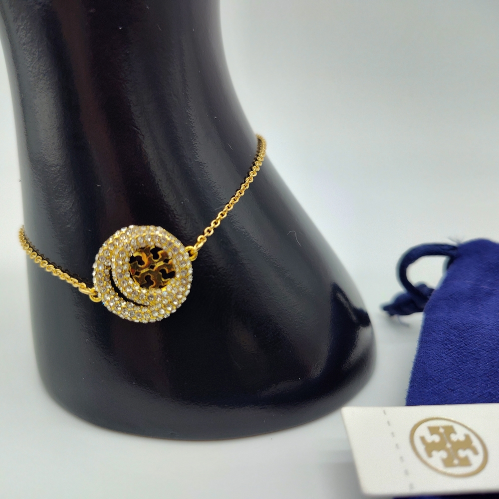 TORY BURCH Gold Pavé Miller Logo Adjustable Bracelet NWT Crystal With Dust Bag - Picture 3 of 6